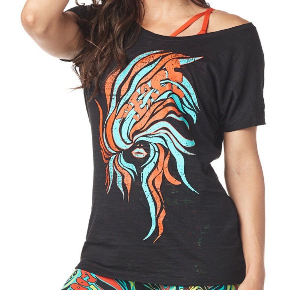 Zumba Fitness Peace Love Zumba Hi Lo Top Large nwt